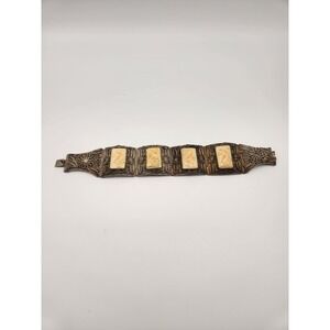 Vintage Silver Tone Filigree‎ Koi Fish Hand Painted Bone Panel Link Bracelet